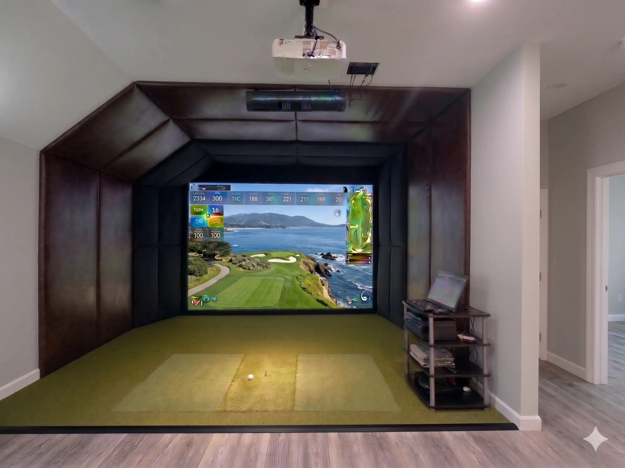 Domis, Inc. simulator bay with custom leather side panels installed