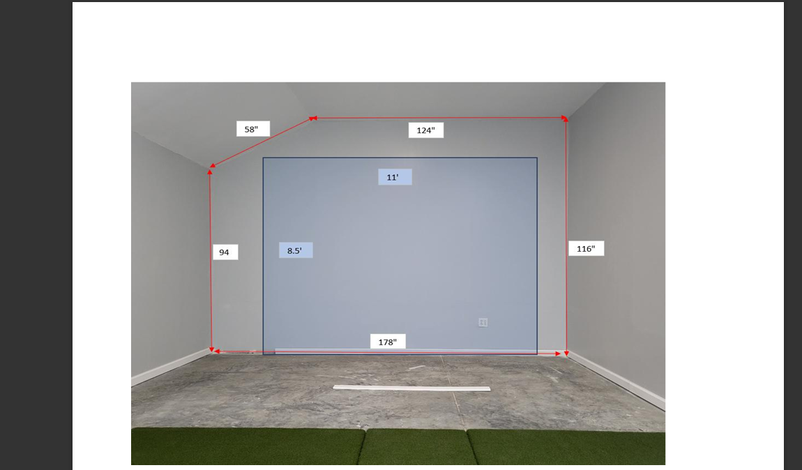 Domis, Inc. simulator space measurement reference with sloped wall and screen callouts